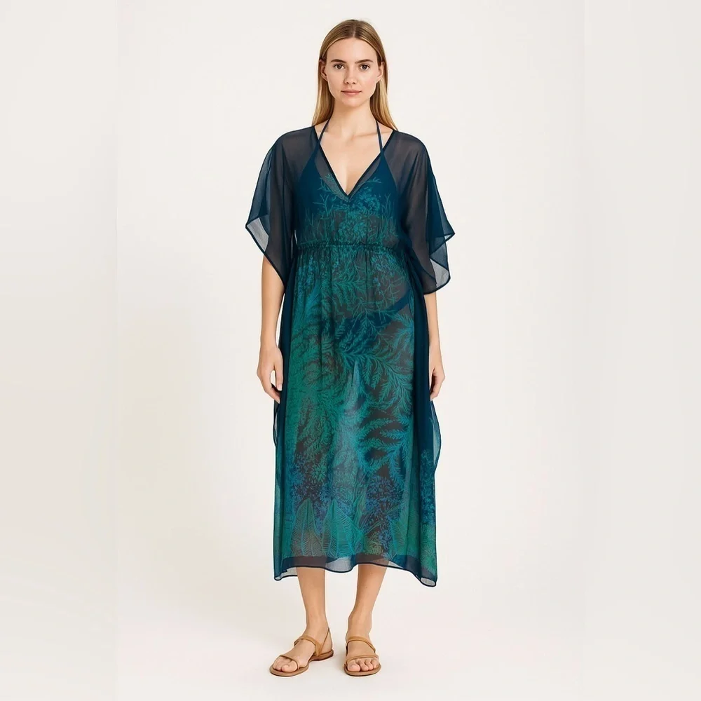 Tory Burch silk green and blue printed sheer mid dress. Size 0
